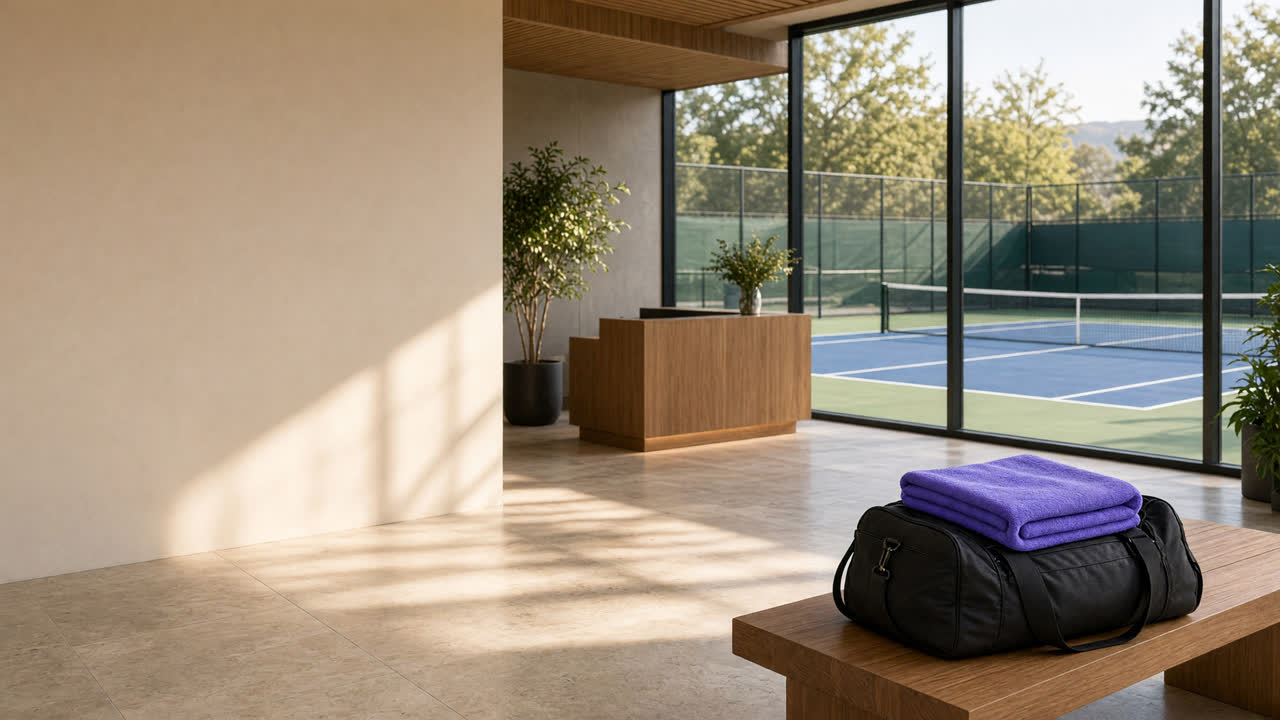 A bright clubhouse lobby with a tennis bag on a bench and courts visible through the windows.