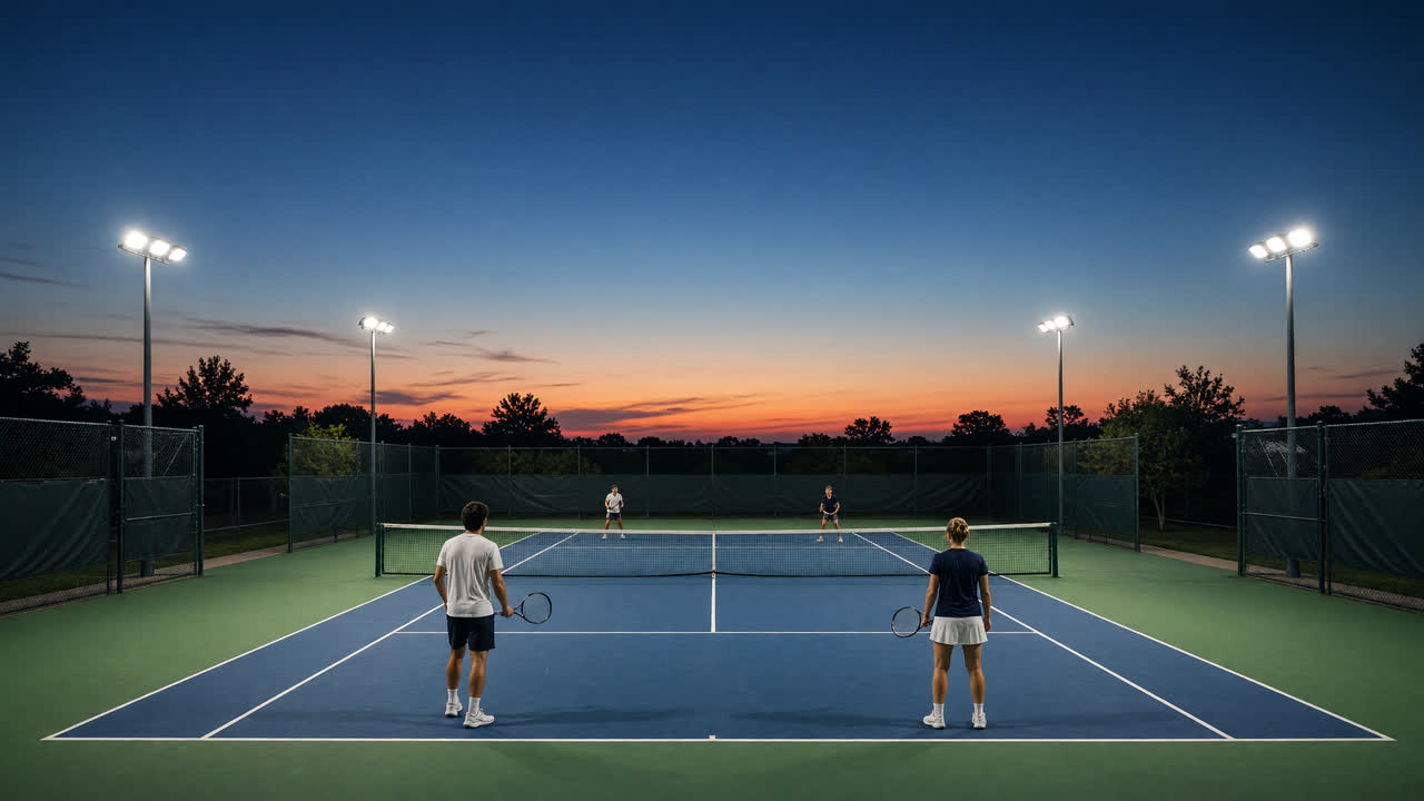 A doubles match under the lights at dusk, with an orange sky above the courts.