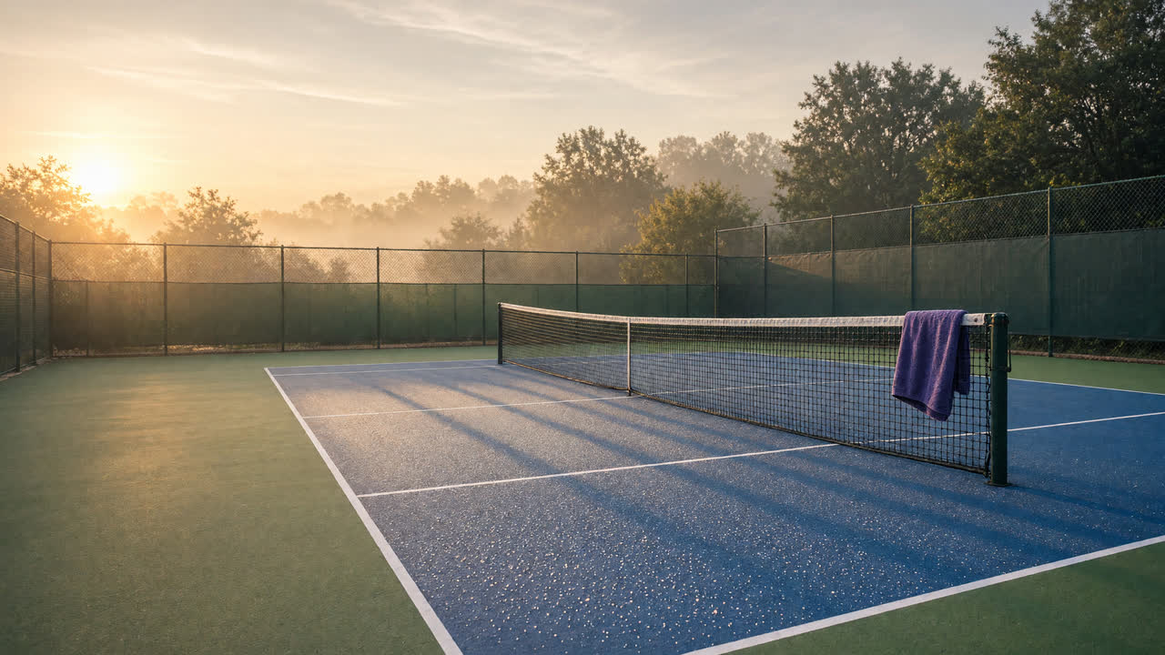 A tennis court at sunrise, with a towel hung over the net and soft light across the hard court.