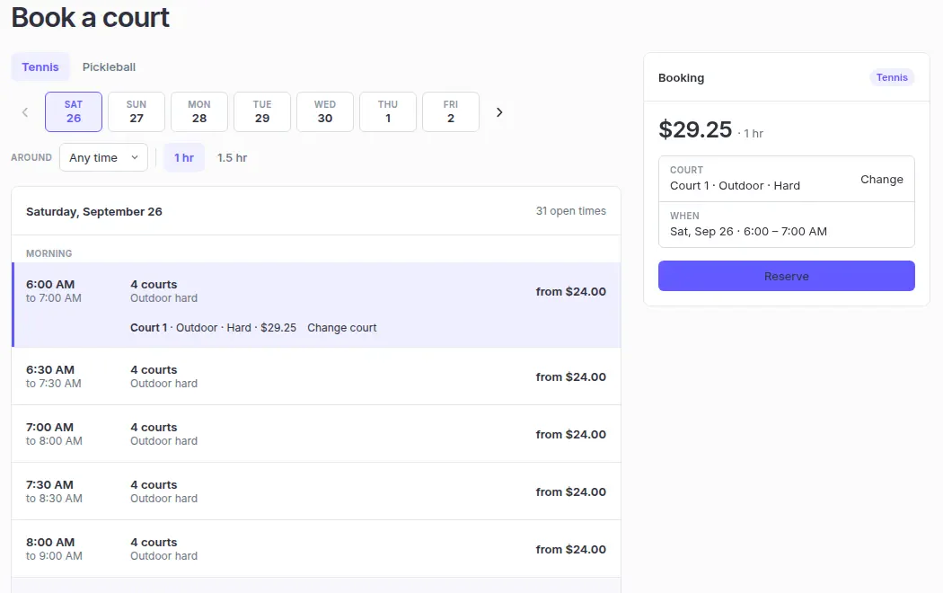 The Tennisbook booking page on a computer: Saturday's open tennis times, with Court 1 at 6:00 a.m. selected and its price shown.