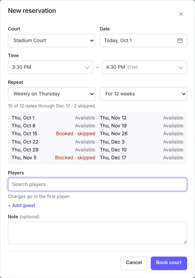 A new reservation set to repeat weekly on Thursday for 12 weeks, listing each date and skipping two that are already taken.