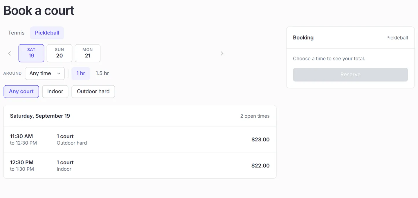The Tennisbook booking page with the Pickleball tab selected, showing two open pickleball courts and their prices.
