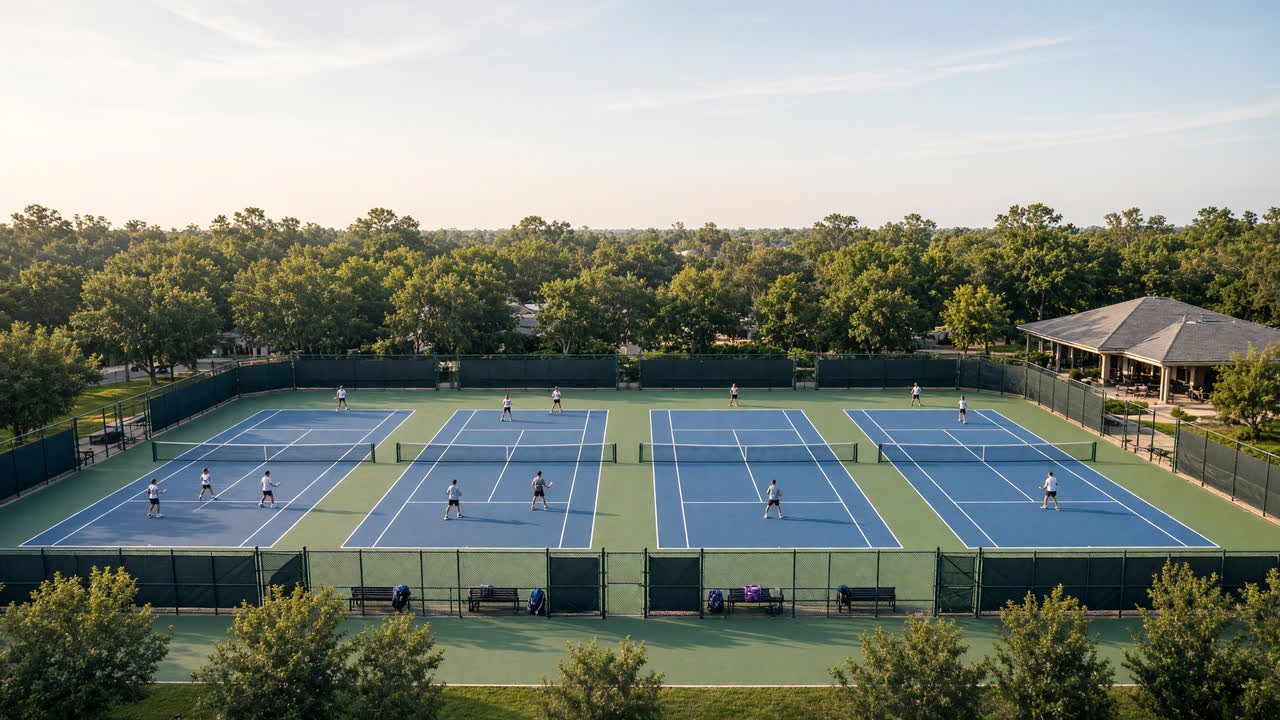 Four outdoor hard courts in full use on a sunny morning, with trees and a clubhouse behind them.