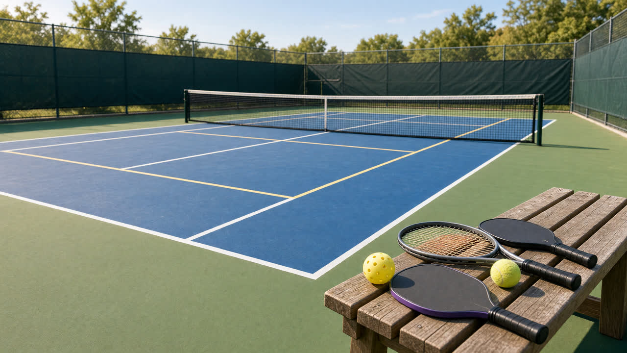 Pickleball paddles and balls on a bench beside an outdoor court with tennis and pickleball lines.